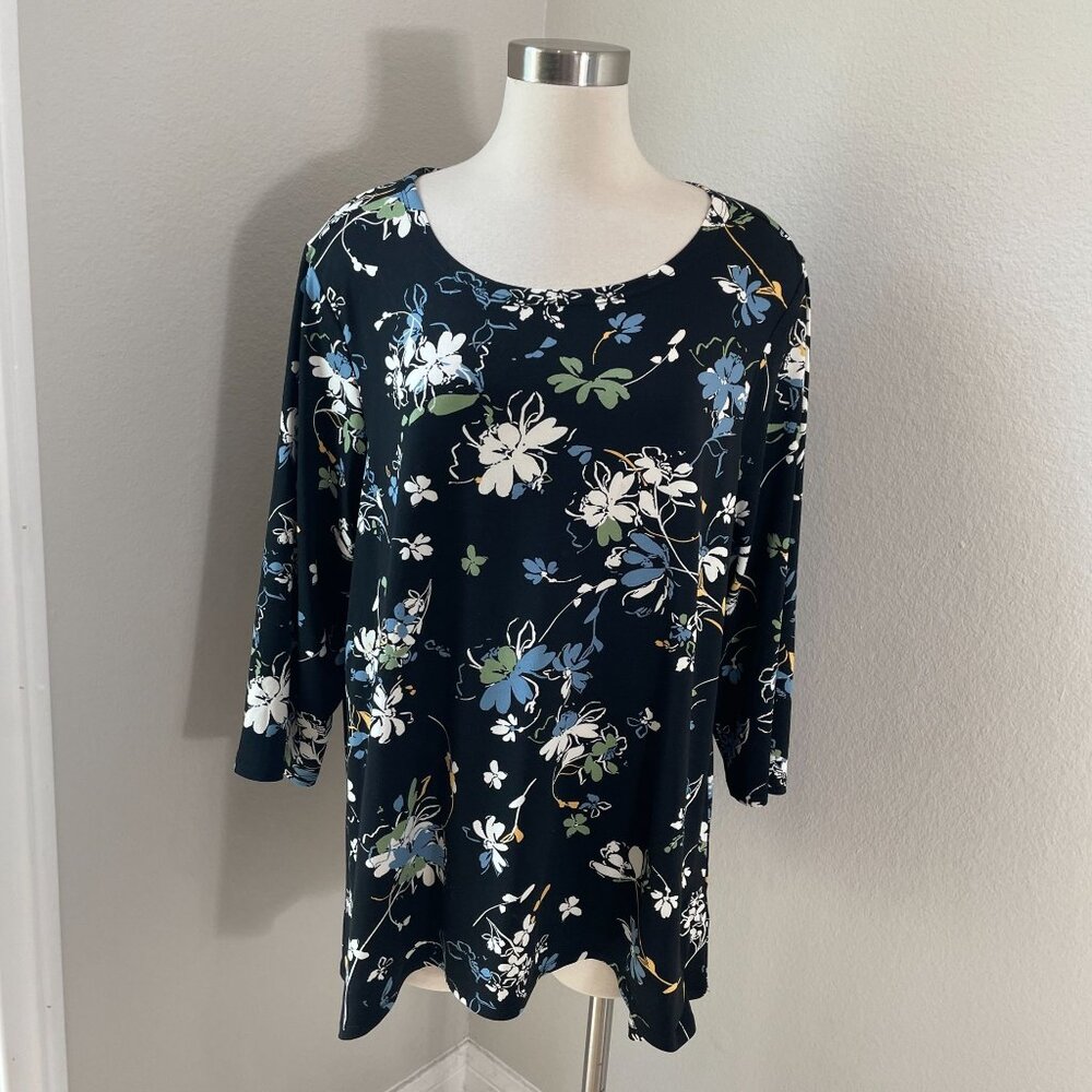 Zac & Rachel Woman Plus 2X Floral Tunic Top 3/4 Sleeve Stretch Shirt